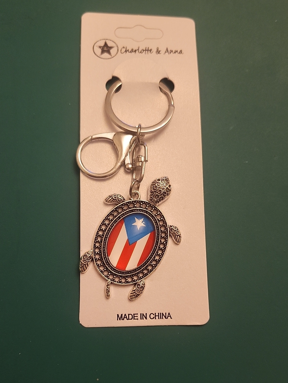 Puerto Rico Silver Tone Turtle Keychain with Red, White & Blue Accent-12 PIECES